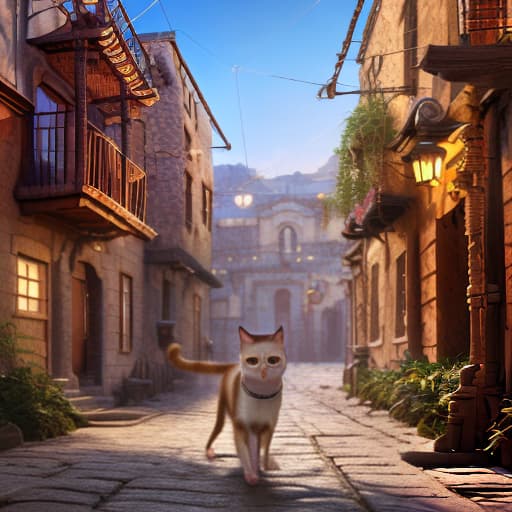 redshift style Skippyjon Jones the Siamese Cat running through a Mexican-style village on cobblestone