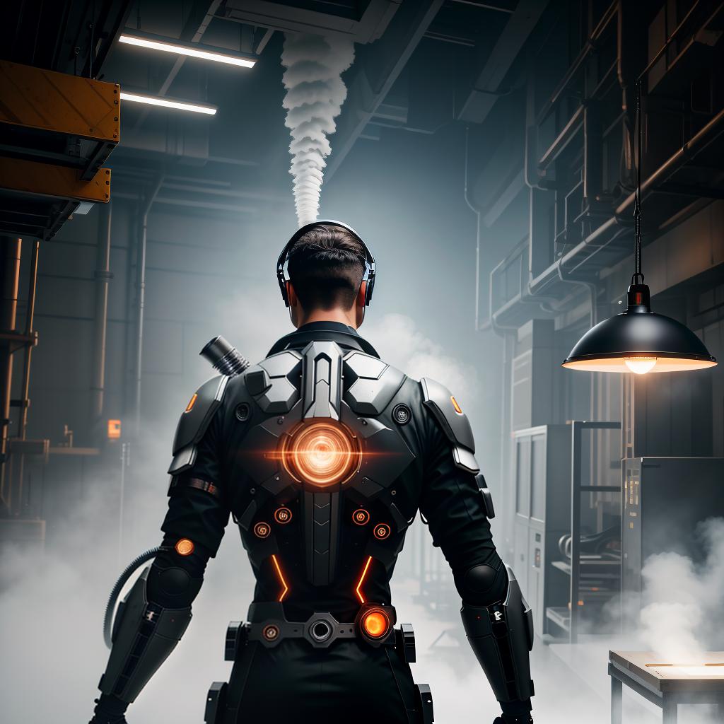  guy doing modern industrial mechanic, angle from his back, modern 2024 industrial steam machine repair, 4k resolution, high quality, 50mm lens photography, ultra realistic hyperrealistic, full body, detailed clothing, highly detailed, cinematic lighting, stunningly beautiful, intricate, sharp focus, f/1. 8, 85mm, (centered image composition), (professionally color graded), ((bright soft diffused light)), volumetric fog, trending on instagram, trending on tumblr, HDR 4K, 8K