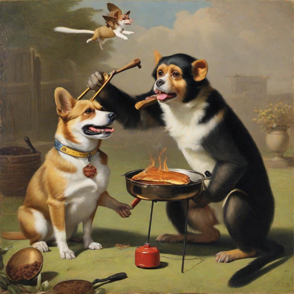  masterpiece, best quality, a monkey grilling a corgi dog