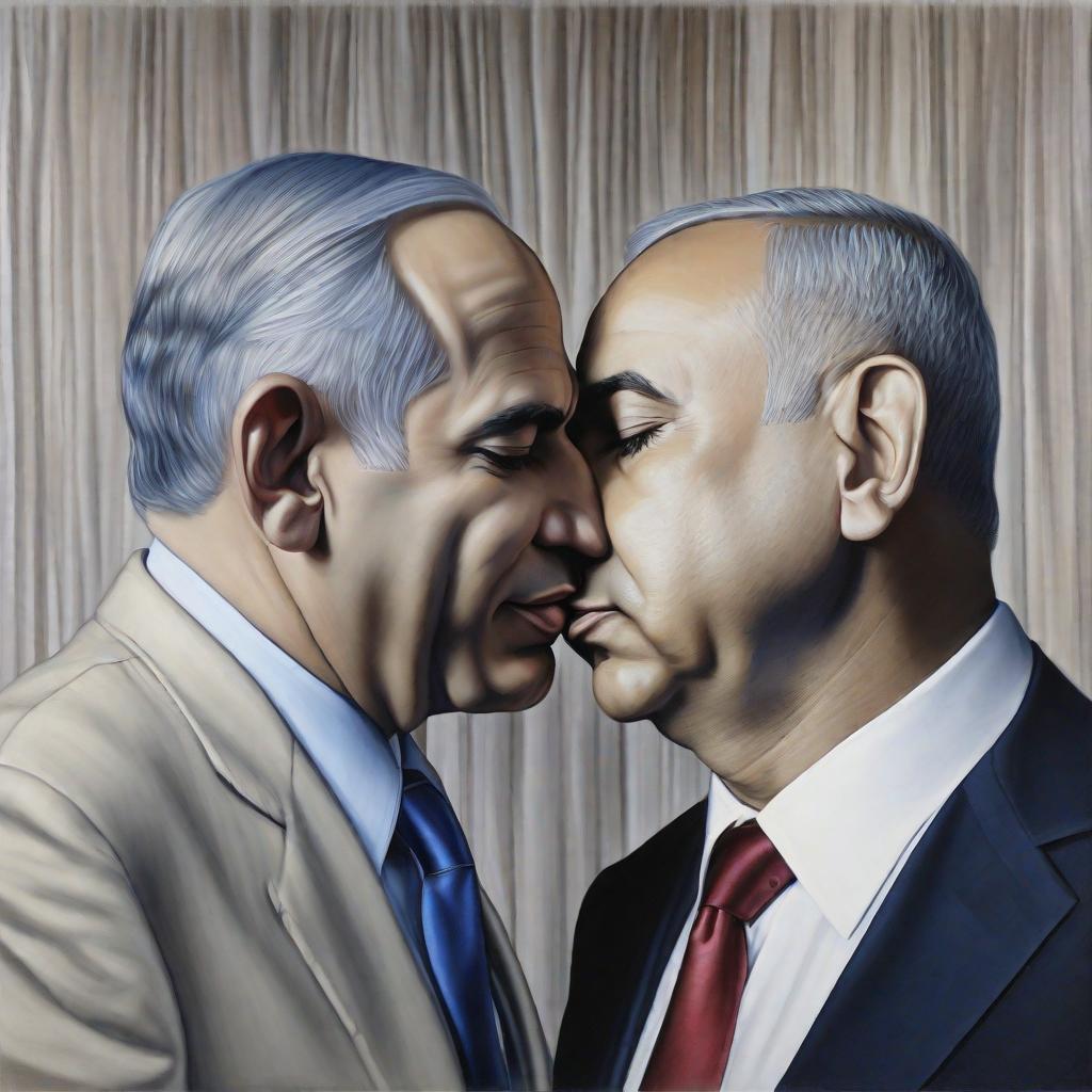  A kiss between Binyamin Netanyahu and Yahya Sinwar, full colour, realism, analogue realism, photorealism