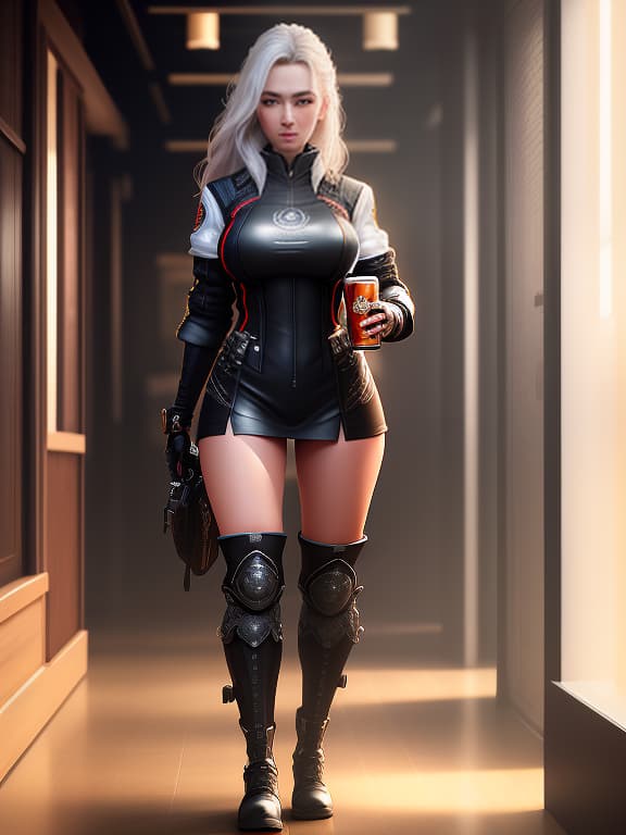  A girl with beer hyperrealistic, full body, detailed clothing, highly detailed, cinematic lighting, stunningly beautiful, intricate, sharp focus, f/1. 8, 85mm, (centered image composition), (professionally color graded), ((bright soft diffused light)), volumetric fog, trending on instagram, trending on tumblr, HDR 4K, 8K