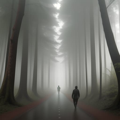  A man walks along a road in a forest in fog view from the back