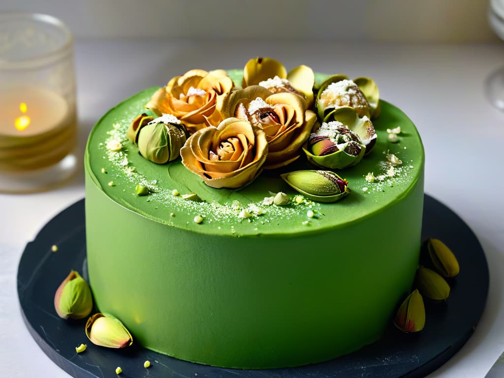  A closeup, ultradetailed image of a decadent pistachio and rosewater cake dusted with edible gold flakes, resting on a sleek, black marble platter. The cake is elegantly decorated with intricate swirls of pistachio cream and delicate rose petals, exuding luxury and sophistication. The vibrant green pistachios are perfectly placed on top, glistening under soft, natural lighting, highlighting their premium quality and inviting texture. hyperrealistic, full body, detailed clothing, highly detailed, cinematic lighting, stunningly beautiful, intricate, sharp focus, f/1. 8, 85mm, (centered image composition), (professionally color graded), ((bright soft diffused light)), volumetric fog, trending on instagram, trending on tumblr, HDR 4K, 8K