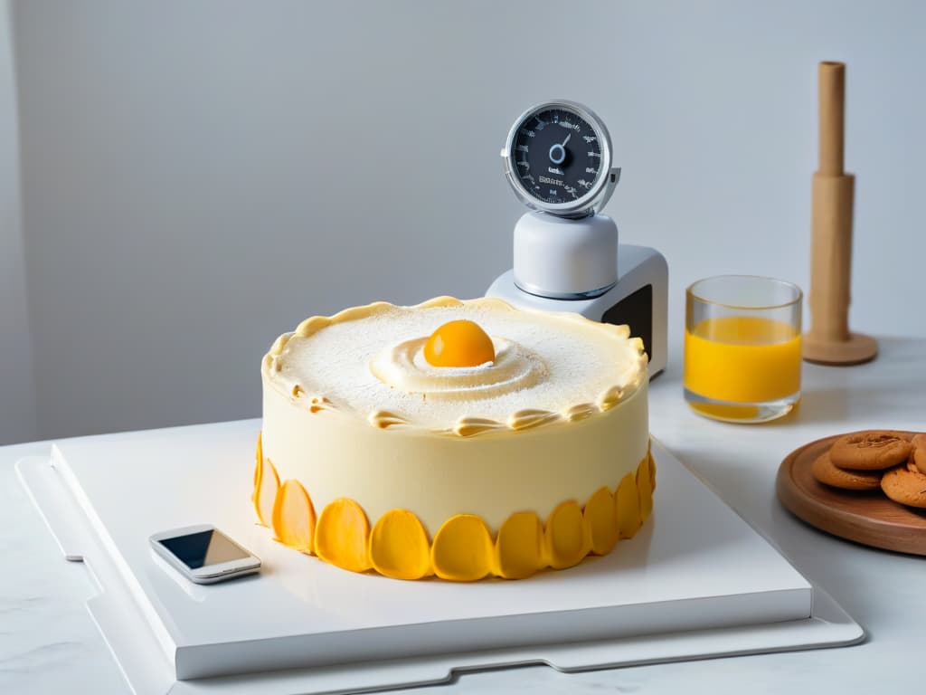  A photorealistic image of a sleek and modern kitchen countertop, adorned with a variety of digital pastry tools like a hightech mixer, a digital food scale, a tablet displaying a recipe, and a stylus for precision work on a digital baking app. The lighting is soft yet highlights the futuristic and professional aspect of the tools, creating an inspiring and aspirational scene for beginner digital pastry enthusiasts. hyperrealistic, full body, detailed clothing, highly detailed, cinematic lighting, stunningly beautiful, intricate, sharp focus, f/1. 8, 85mm, (centered image composition), (professionally color graded), ((bright soft diffused light)), volumetric fog, trending on instagram, trending on tumblr, HDR 4K, 8K