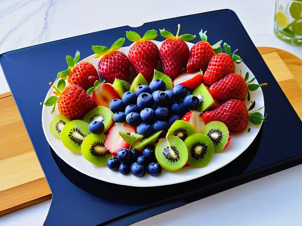  A closeup, ultradetailed image of a beautifully arranged fruit platter with vibrant strawberries, blueberries, raspberries, and slices of kiwi, all neatly displayed on a sleek, white marble platter. The fruits glisten with freshness, and tiny droplets of water can be seen on the surface, enhancing the colors and textures. The natural lighting casts soft shadows, adding depth to the composition, creating an inviting and appetizing scene that perfectly complements the theme of healthy indulgence. hyperrealistic, full body, detailed clothing, highly detailed, cinematic lighting, stunningly beautiful, intricate, sharp focus, f/1. 8, 85mm, (centered image composition), (professionally color graded), ((bright soft diffused light)), volumetric fog, trending on instagram, trending on tumblr, HDR 4K, 8K