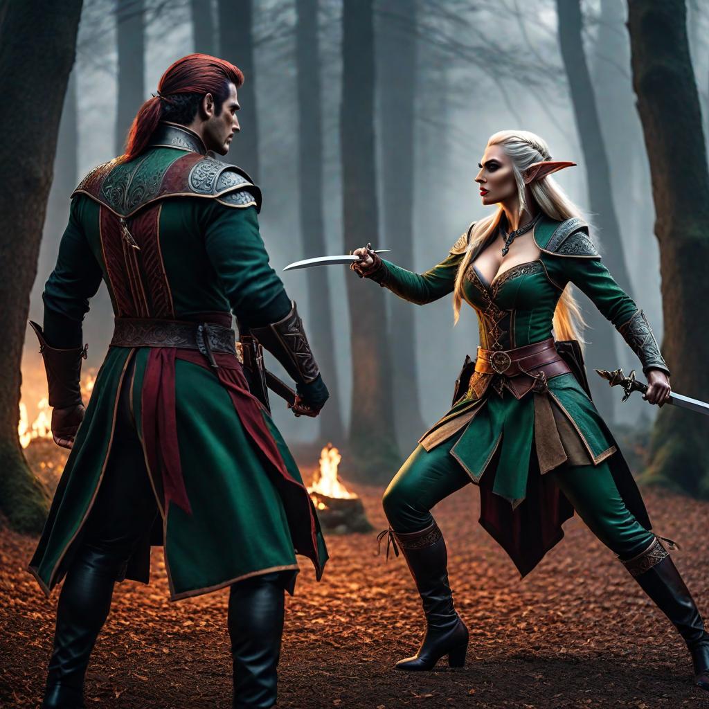  fighting very stylishly with elves against vampires hyperrealistic, full body, detailed clothing, highly detailed, cinematic lighting, stunningly beautiful, intricate, sharp focus, f/1. 8, 85mm, (centered image composition), (professionally color graded), ((bright soft diffused light)), volumetric fog, trending on instagram, trending on tumblr, HDR 4K, 8K