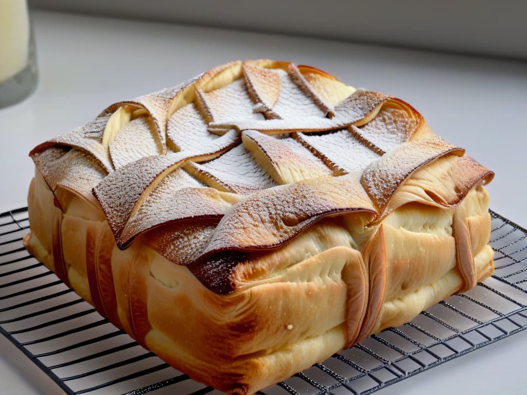  A closeup, ultradetailed 8k image of a perfectly flaky goldenbrown puff pastry crust, freshly baked and cooling on a wire rack. The intricate layers of the delicate pastry are beautifully highlighted, showing a crisp and airy texture. Small droplets of condensation glisten on the surface, hinting at the warmth that has just been released from the oven. The lighting is soft, casting gentle shadows to accentuate the folds and ridges of the pastry, creating a visually stunning and appetizing minimalist composition. hyperrealistic, full body, detailed clothing, highly detailed, cinematic lighting, stunningly beautiful, intricate, sharp focus, f/1. 8, 85mm, (centered image composition), (professionally color graded), ((bright soft diffused light)), volumetric fog, trending on instagram, trending on tumblr, HDR 4K, 8K