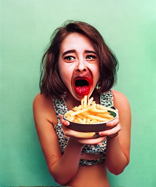 analog style a potato eating fries with an anime face and she is happy screaming, cute eyes, ketchup
