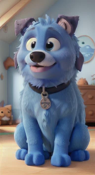  {Max snuggled up in his comfy dog bed inside the house, fast asleep, The big blue dog is large with sky blue fur, big round eyes, a black nose, and floppy ears.