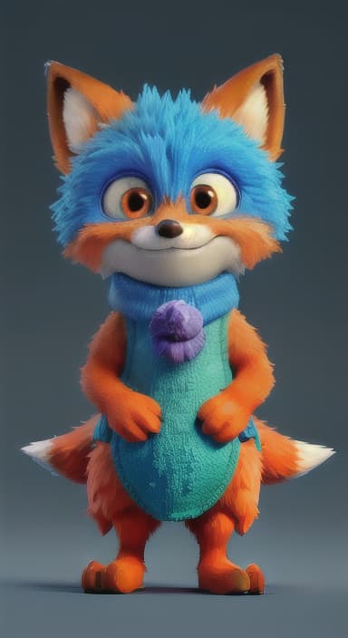  {Error the fox pressing the blue button with his paw, looking puzzled as nothing occurs., Error is a small, bright orange fox with a fluffy tail and big, inquisitive eyes. He has a mischievous yet kind expression and wears a tiny green scarf.