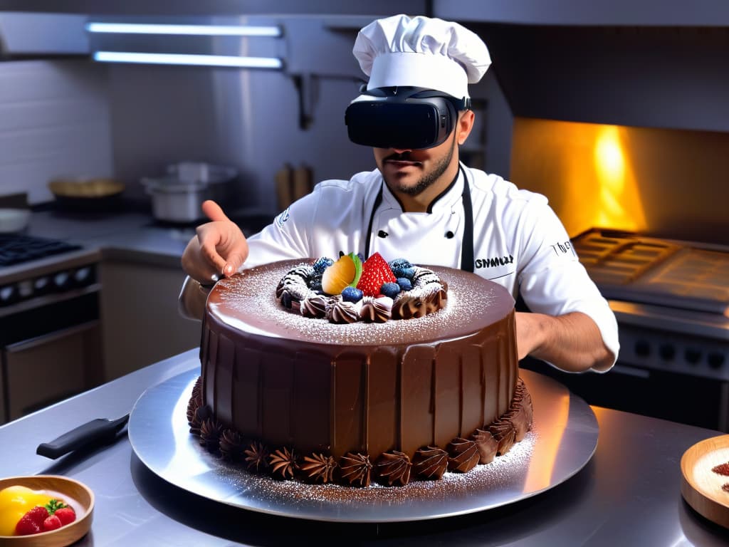  A photorealistic image showcasing a professional virtual reality baking simulation with a detailed closeup of a chef creating an intricate and realisticlooking cake using VR technology. The chef, fully immersed in the virtual world, surrounded by advanced baking tools and ingredients, exudes focus and determination as they meticulously craft the dessert. The vibrant colors, textures, and lighting in the virtual environment make the scene visually captivating and inspiring for readers interested in learning pastry arts through virtual reality. hyperrealistic, full body, detailed clothing, highly detailed, cinematic lighting, stunningly beautiful, intricate, sharp focus, f/1. 8, 85mm, (centered image composition), (professionally color graded), ((bright soft diffused light)), volumetric fog, trending on instagram, trending on tumblr, HDR 4K, 8K