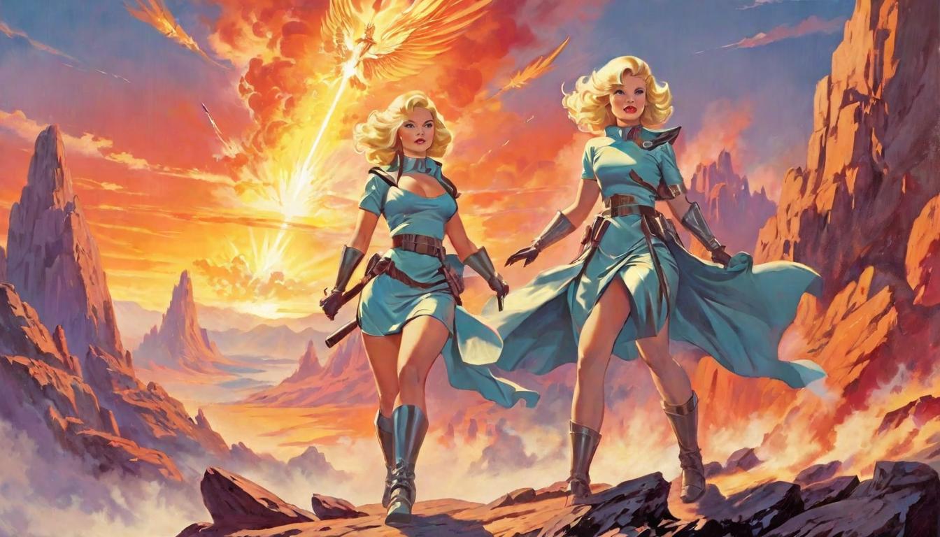  retro futuristic 2girl, large busted attractive blonde Arians in warrior stances on a craggy peak, fiery phoenix rising in the background, sunset hues lvintage sci fi, 50s and 60s style, atomic age, vibrant, highly detailed