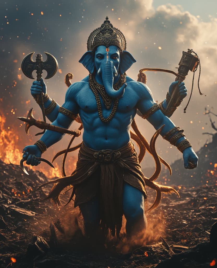  detail, photo, cinscene, dreamwalking create a powerful, cinematic depiction of lord ganesha in a war ground. he should have an elephant head, with a muscular and imposing figure, wielding multiple divine weapons in his hands such as a trident (trishul), an axe, and a mace. his skin tone should be a vibrant, powerful blue. surround him with a dynamic war torn landscape, with fire, embers, and destruction in the background. the lighting should be dramatic, highlighting ganesha’s strength and divine energy. his jewelry and armor should be intricate and glowing with a divine aura. the overall style should evoke power, war, and godly might, with a strong, cinematic feel.