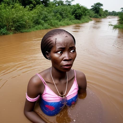  african woman's head drowning in the river the water is up to her nose