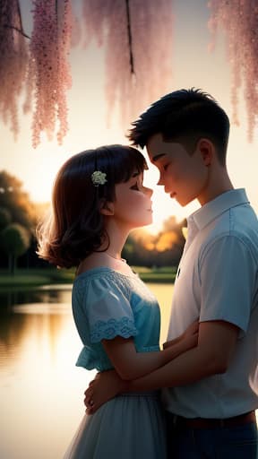  A boy in love with a girl, both of them holding hands under a willow tree during sunset, and fireflies hovering around tgem creating a romantic and peaceful atmosphere, with lights dancing around them, hyperrealistic, high quality, highly detailed, perfect lighting, intricate, sharp focus, f/1. 8, 85mm, (centered image composition), (professionally color graded), ((bright soft diffused light)), trending on instagram, HDR 4K, 8K