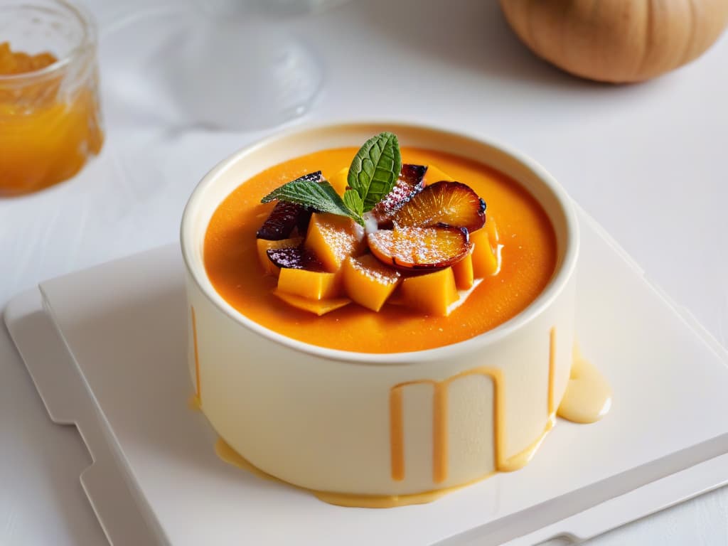  A closeup, photorealistic image of a beautifully garnished Crema Catalana de Calabaza in a traditional ceramic ramekin, showcasing the rich, creamy texture with a perfectly caramelized sugar topping. The vibrant orange color of the pumpkininfused dessert contrasts elegantly with the caramelized layer, while a sprig of fresh mint and a dusting of cinnamon add a touch of elegance to the presentation. The glossy surface of the dessert reflects the ambient light, highlighting the intricate details of the dish. hyperrealistic, full body, detailed clothing, highly detailed, cinematic lighting, stunningly beautiful, intricate, sharp focus, f/1. 8, 85mm, (centered image composition), (professionally color graded), ((bright soft diffused light)), volumetric fog, trending on instagram, trending on tumblr, HDR 4K, 8K