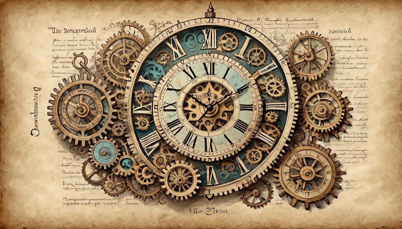  on parchment, surrealism+++, A clock with gears and cogs, each labeling a different daily routine like exercise and meditation, intricate mechanism, detailed, harmonious, orderly(mysterious, provocative, symbolic,muted color)+++