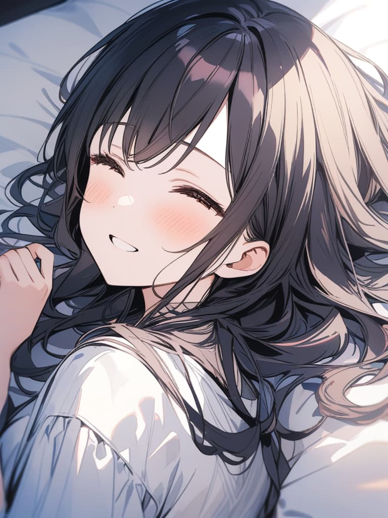  Girl, long hair, black hair, laughing, watercolor style, lying on bed, masterpiece, best quality,8k,ultra detailed,high resolution,an extremely delicate and beautiful,hyper detail