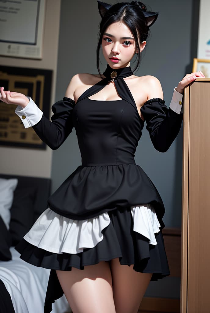   , fit dress, black hair, bun, cat ears, beautiful, blue eyes, room, wide angle camera,ADVERTISING PHOTO,high quality, good proportion, masterpiece ,, The image is captured with an 8k camera and edited using the latest digital tools to produce a flawless final result.
