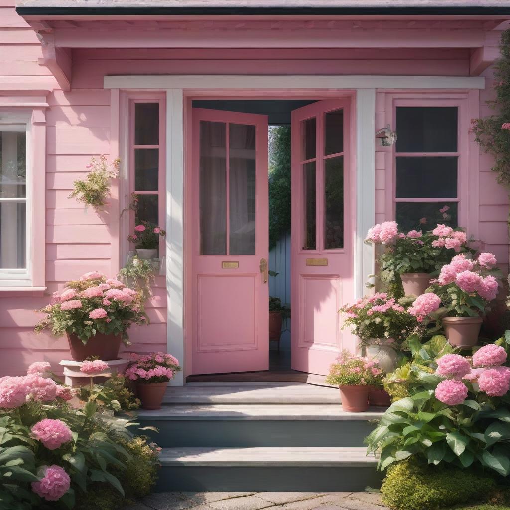  Small house,porch with flowers and potted plants, pink door, small windows, realistic drawing hyperrealistic, full body, detailed clothing, highly detailed, cinematic lighting, stunningly beautiful, intricate, sharp focus, f/1. 8, 85mm, (centered image composition), (professionally color graded), ((bright soft diffused light)), volumetric fog, trending on instagram, trending on tumblr, HDR 4K, 8K