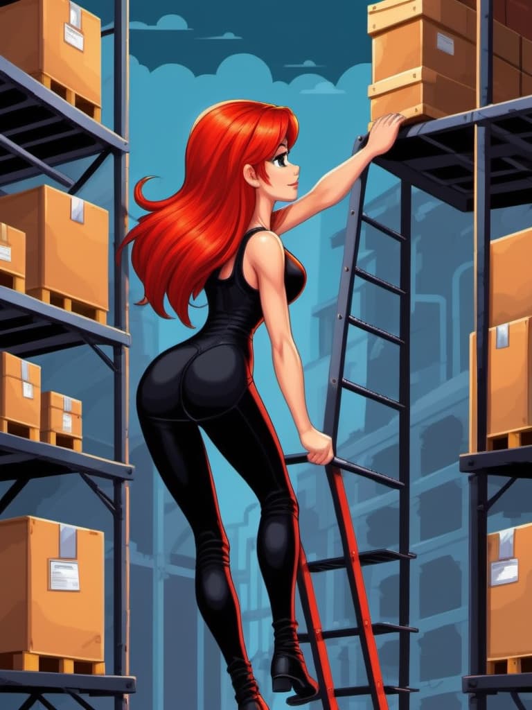  retro game art A girl with red hair in a black Spandex suit is climbing up a ladder to a basement storage warehouse. . 16-bit, vibrant colors, pixelated, nostalgic, charming, fun