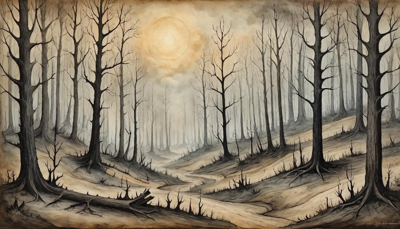  on parchment, surrealism+++, a wooded landscape emerging resilient after a wildfire, regeneration, strength, inevitability of growth.(mysterious, provocative, symbolic,muted color)+++