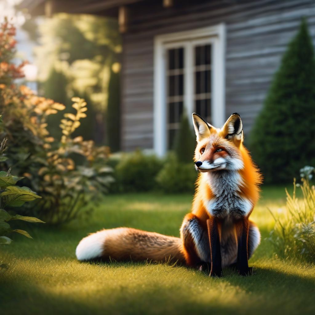  The fox is sitting in the yard of a house on a summer day. hyperrealistic, full body, detailed clothing, highly detailed, cinematic lighting, stunningly beautiful, intricate, sharp focus, f/1. 8, 85mm, (centered image composition), (professionally color graded), ((bright soft diffused light)), volumetric fog, trending on instagram, trending on tumblr, HDR 4K, 8K