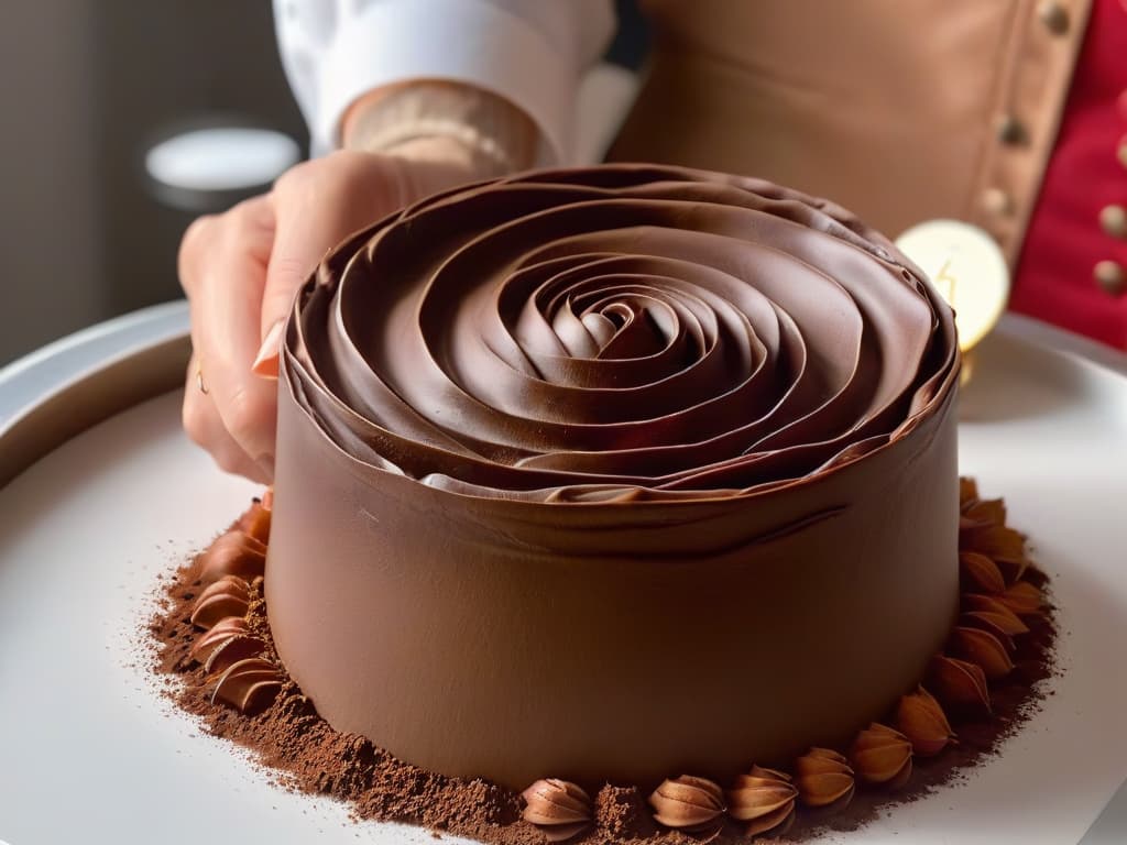  A closeup, ultradetailed image of a pair of hands expertly sculpting a delicate chocolate rose, showcasing the intricate details and skill involved in chocolate figure making. The hands are dusted with cocoa powder, and the background is a soft focus of a pristine white marble countertop, emphasizing the elegance and precision of the art form. hyperrealistic, full body, detailed clothing, highly detailed, cinematic lighting, stunningly beautiful, intricate, sharp focus, f/1. 8, 85mm, (centered image composition), (professionally color graded), ((bright soft diffused light)), volumetric fog, trending on instagram, trending on tumblr, HDR 4K, 8K