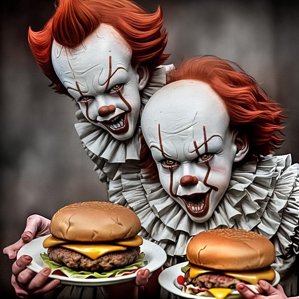  pennywise crying, holding a plate of burgers