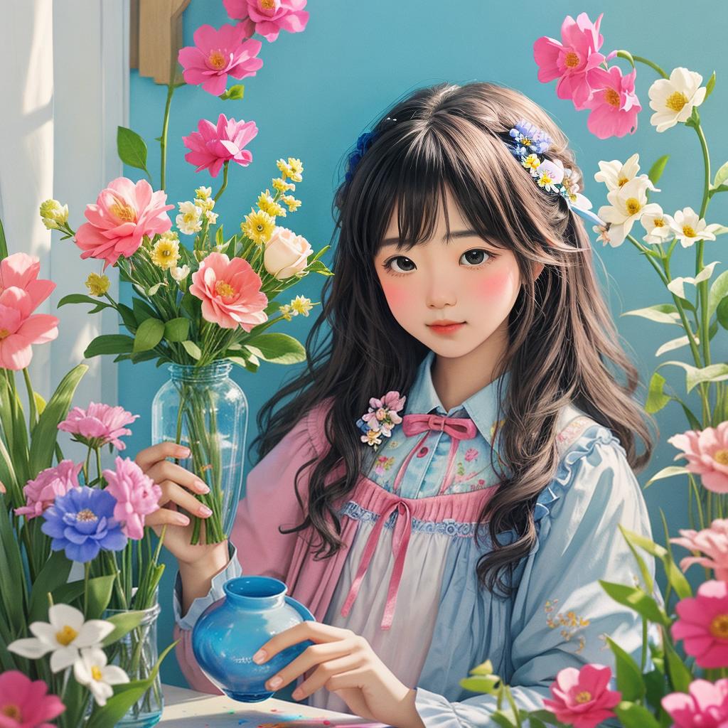  with a crayon art style, A charming scene unfolds as a girl delicately places vibrant flowers into an enchanting crayon-rendered vase.