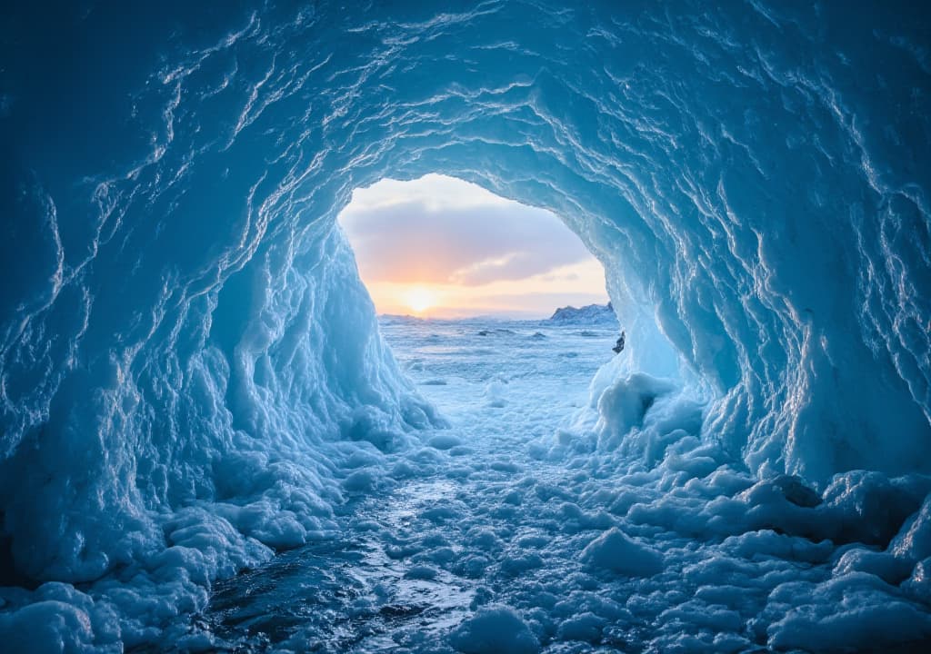  good quality, high quality, inside view of a crystal blue ice cave in iceland with a sunset visible through the opening