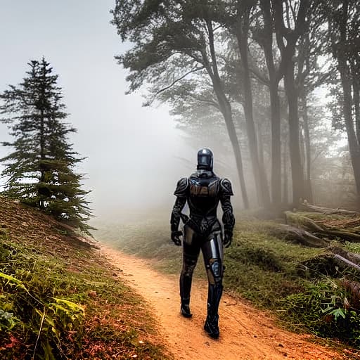 nousr robot female mage and knight walk together in woods hyperrealistic, full body, detailed clothing, highly detailed, cinematic lighting, stunningly beautiful, intricate, sharp focus, f/1. 8, 85mm, (centered image composition), (professionally color graded), ((bright soft diffused light)), volumetric fog, trending on instagram, trending on tumblr, HDR 4K, 8K