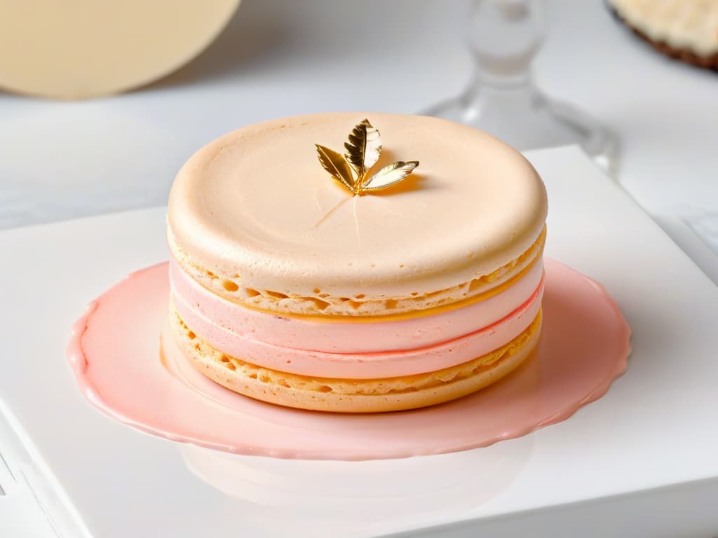  An ultradetailed, closeup image of a perfectly baked macaron with a smooth, shiny surface in pastel pink color, delicately placed on a pristine white marble countertop. The macaron is garnished with a single, meticulously placed edible gold leaf, enhancing its elegant and luxurious appearance. The image captures the intricate details of the macaron's smooth shell, revealing a perfectly formed "foot" at the base, showcasing the precision and craftsmanship required to create these delectable French treats. hyperrealistic, full body, detailed clothing, highly detailed, cinematic lighting, stunningly beautiful, intricate, sharp focus, f/1. 8, 85mm, (centered image composition), (professionally color graded), ((bright soft diffused light)), volumetric fog, trending on instagram, trending on tumblr, HDR 4K, 8K