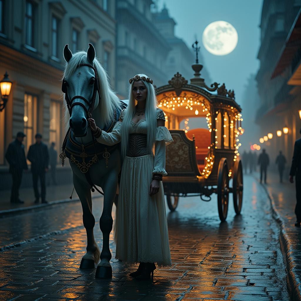  good quality, high quality, a with long white hair and a gypsy inspired outfit stands on a cobblestone street in the rain. she is accompanied by a large, decorated draft horse. in the background, a lavish, illuminated carriage awaits, with a warm light emanating from within. the scene is set at night, with a full moon casting a soft glow.