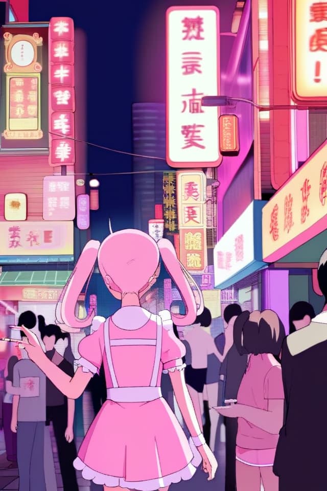  Girl, pink, urban night road, cigarettes, Chinatown, neon, pink skirts, crowds, cigarettes, girls, young, twin tails, pink maid clothes