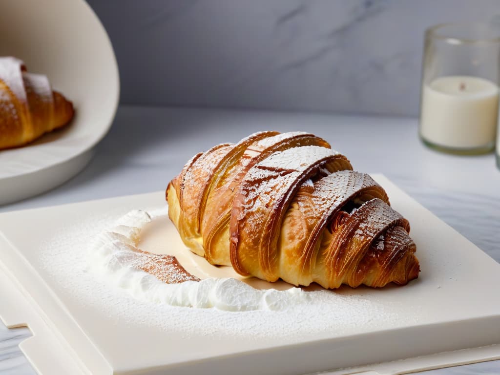  A closeup, ultradetailed image of a perfectly golden and flaky glutenfree croissant, sprinkled with powdered sugar, resting on a sleek, modern marble countertop. The delicate layers of the croissant are clearly visible, showcasing a texture that rivals traditional glutenfilled pastries. The soft natural lighting emphasizes the glossy sheen of the pastry, highlighting its intricate ridges and inviting appearance. hyperrealistic, full body, detailed clothing, highly detailed, cinematic lighting, stunningly beautiful, intricate, sharp focus, f/1. 8, 85mm, (centered image composition), (professionally color graded), ((bright soft diffused light)), volumetric fog, trending on instagram, trending on tumblr, HDR 4K, 8K