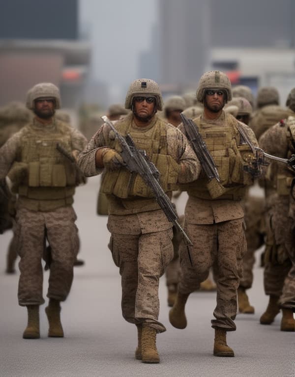 lnkdn photography marines are being led by men on their stomachs，gay，Asian，Asiatic， hyperrealistic, full body, detailed clothing, highly detailed, cinematic lighting, stunningly beautiful, intricate, sharp focus, f/1. 8, 85mm, (centered image composition), (professionally color graded), ((bright soft diffused light)), volumetric fog, trending on instagram, trending on tumblr, HDR 4K, 8K
