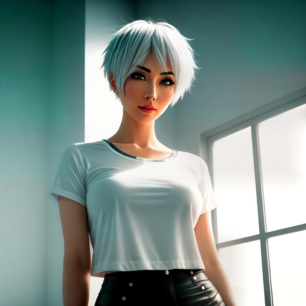  anime girl with short white hair, in a miniskirt, in a T-shirt that says: I don’t love myself. A girl stands in a room with a dark atmosphere, the windows are covered with curtains hyperrealistic, full body, detailed clothing, highly detailed, cinematic lighting, stunningly beautiful, intricate, sharp focus, f/1. 8, 85mm, (centered image composition), (professionally color graded), ((bright soft diffused light)), volumetric fog, trending on instagram, trending on tumblr, HDR 4K, 8K