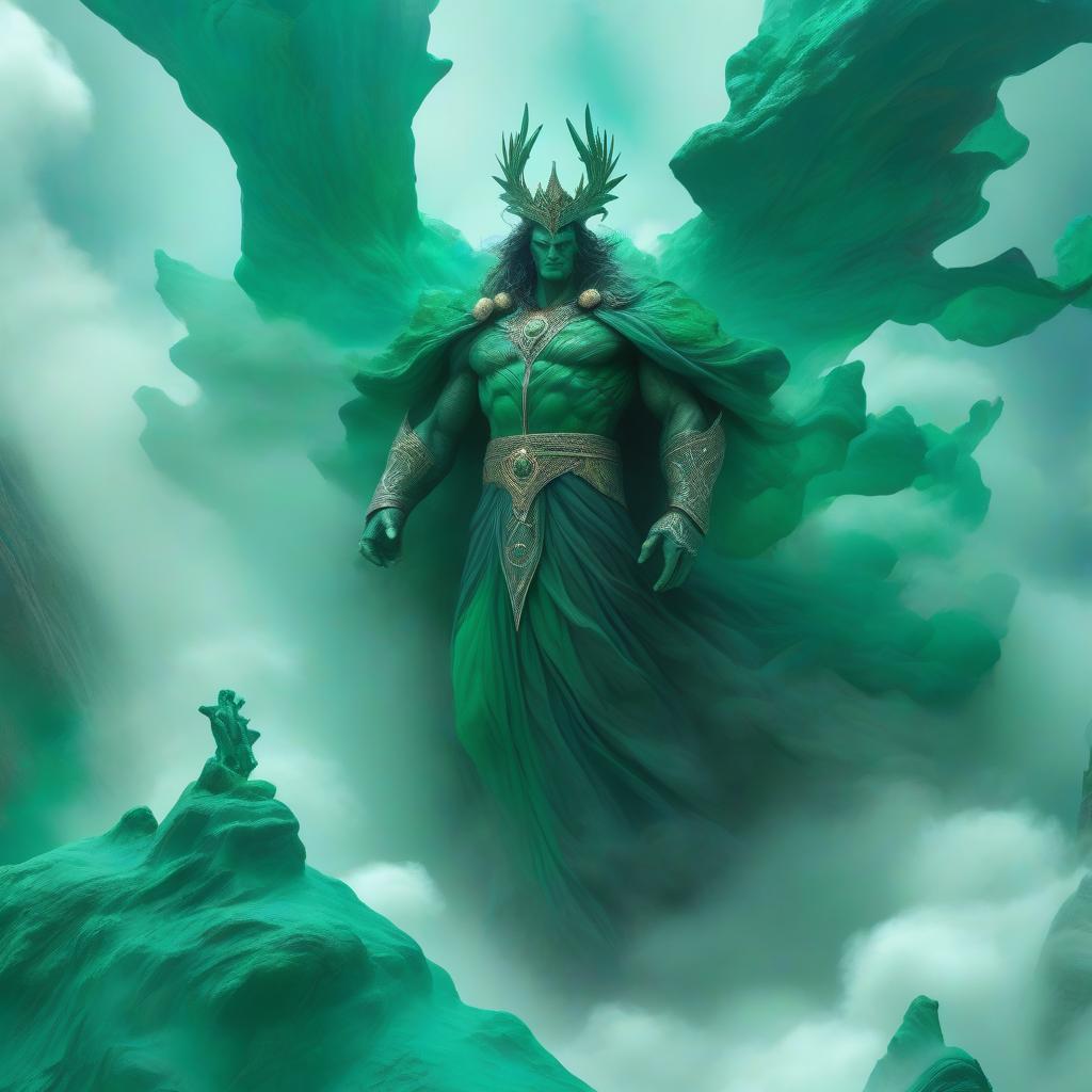  horror themed God of the earth, a man flies high above fog above brown cliffs with malachite and azurite inclusions, wearing a crown, his mantle billows, mystery, power, force. . eerie, unsettling, dark, spooky, suspenseful, grim, highly detailed hyperrealistic, full body, detailed clothing, highly detailed, cinematic lighting, stunningly beautiful, intricate, sharp focus, f/1. 8, 85mm, (centered image composition), (professionally color graded), ((bright soft diffused light)), volumetric fog, trending on instagram, trending on tumblr, HDR 4K, 8K