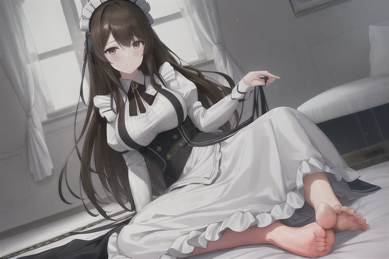  (score 9,score 8 up,score 7 up,),1girl,solo,maid,maid headdress,looking at viewer,apron,brown hair,indoors,black hair,bare foot,feet focus,two feet hyperrealistic, full body, detailed clothing, highly detailed, cinematic lighting, stunningly beautiful, intricate, sharp focus, f/1. 8, 85mm, (centered image composition), (professionally color graded), ((bright soft diffused light)), volumetric fog, trending on instagram, trending on tumblr, HDR 4K, 8K