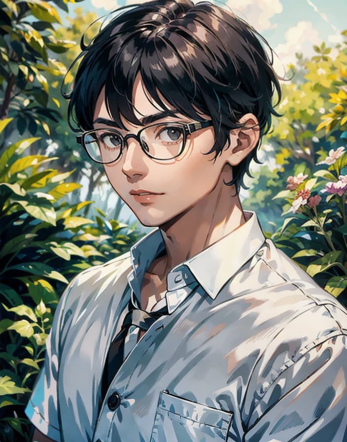  master piece , best quality,Glasses men Short, black hair, thin, in nature