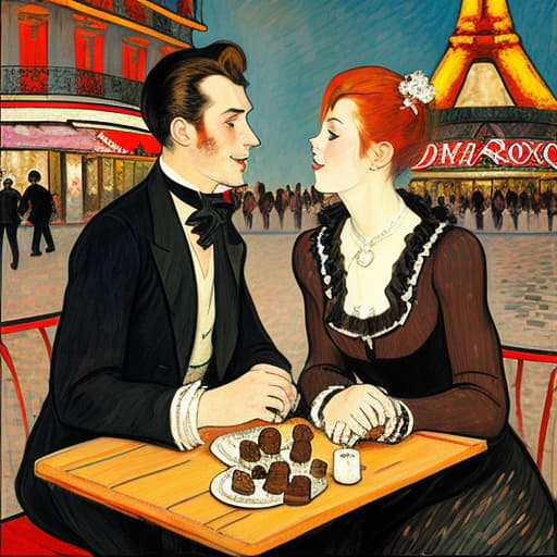  attractive young Parisian couple dressed in modern designer outfits who are romantically together in Paris. Foreground a small plate of fine dark chocolates on a small wooden table. Background dusk with a light of the inside the Moulin Rouge with dancers dancing. Painting style of Henri de Toulouse-Lautrec