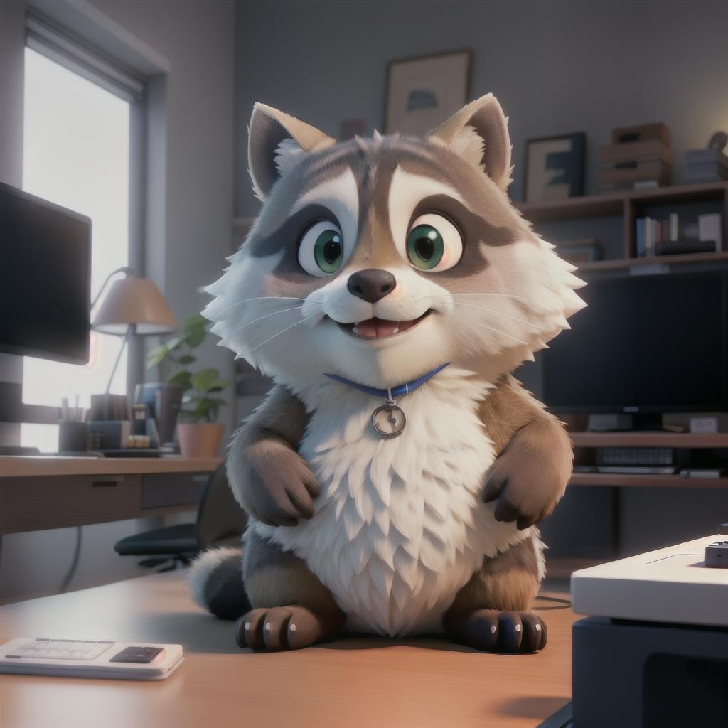  raccoon sitting in gaming chair front a computer on desktop, ((semi anthropomorphic)),(full body), tail, belly, sitting, fat, (chubby), (((white background))), solo, desktop, gaming chair, side view,  [[[clothes]]] hyperrealistic, full body, detailed clothing, highly detailed, cinematic lighting, stunningly beautiful, intricate, sharp focus, f/1. 8, 85mm, (centered image composition), (professionally color graded), ((bright soft diffused light)), volumetric fog, trending on instagram, trending on tumblr, HDR 4K, 8K