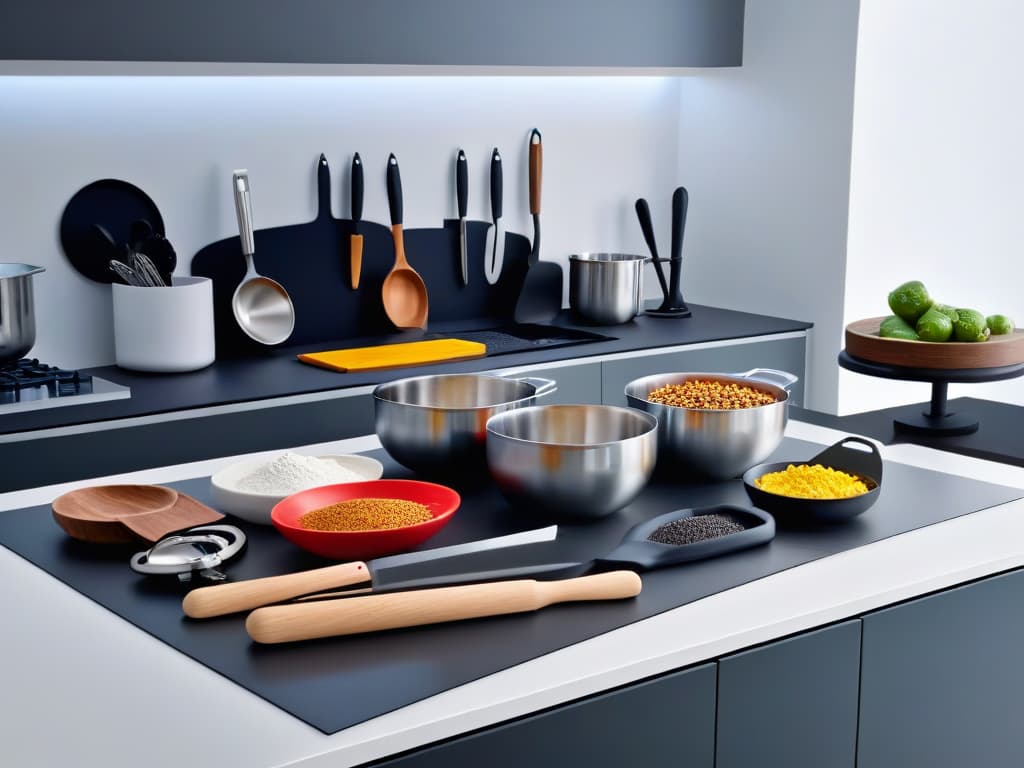  An ultradetailed image of a sleek, modern kitchen countertop featuring a curated selection of cuttingedge baking utensils such as hightech silicone spatulas, precision measuring spoons, and futuristic mixing bowls, all arranged in an aesthetically pleasing and organized manner. The image focuses on the clean lines and sophisticated design of the utensils, showcasing their innovative features and highlighting the latest trends in baking tools for 2022. hyperrealistic, full body, detailed clothing, highly detailed, cinematic lighting, stunningly beautiful, intricate, sharp focus, f/1. 8, 85mm, (centered image composition), (professionally color graded), ((bright soft diffused light)), volumetric fog, trending on instagram, trending on tumblr, HDR 4K, 8K