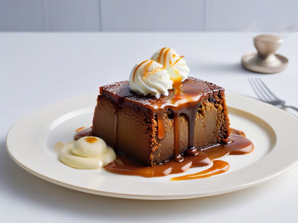  A closeup, ultradetailed image of a decadent slice of Sticky Date Pudding, topped with a generous drizzle of warm caramel sauce and a scoop of creamy vanilla ice cream melting slightly at the edges. The pudding is placed on a sleek, modern plate against a stark white background, showcasing the rich, moist texture of the dessert and the luxurious shine of the caramel sauce. The minimalistic composition highlights the indulgent simplicity of this classic dessert, inviting the viewer to savor its flavors and textures visually. hyperrealistic, full body, detailed clothing, highly detailed, cinematic lighting, stunningly beautiful, intricate, sharp focus, f/1. 8, 85mm, (centered image composition), (professionally color graded), ((bright soft diffused light)), volumetric fog, trending on instagram, trending on tumblr, HDR 4K, 8K