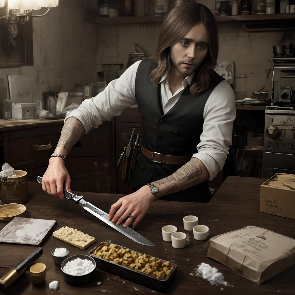  masterpiece, best quality, scene from the movie lord of war where jared leto is cutting cocaine into the outline of ukraine