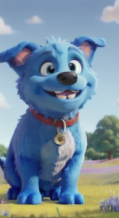  {A happy, big blue dog wagging its tail in a colorful meadow, The big blue dog is large with sky blue fur, big round eyes, a black nose, and floppy ears.