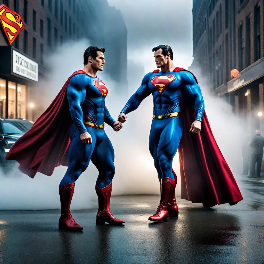  dickman vs superman hyperrealistic, full body, detailed clothing, highly detailed, cinematic lighting, stunningly beautiful, intricate, sharp focus, f/1. 8, 85mm, (centered image composition), (professionally color graded), ((bright soft diffused light)), volumetric fog, trending on instagram, trending on tumblr, HDR 4K, 8K