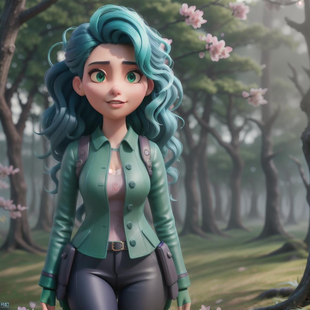  Asian, Sci fi, dark nautical, punk, a chic and quirky style, cherry blossoms, forbidden forest, green and blue colors, indie, 90s, douyin makeup, wavy hair and her hair looks like it’s being blown by the wind hyperrealistic, full body, detailed clothing, highly detailed, cinematic lighting, stunningly beautiful, intricate, sharp focus, f/1. 8, 85mm, (centered image composition), (professionally color graded), ((bright soft diffused light)), volumetric fog, trending on instagram, trending on tumblr, HDR 4K, 8K