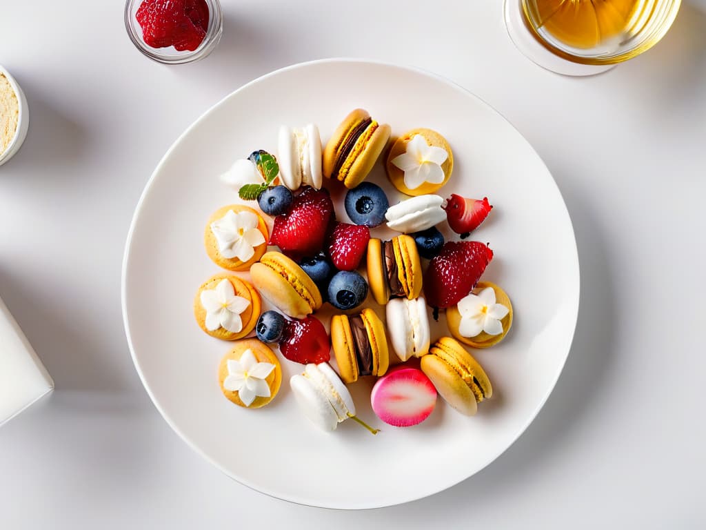  A minimalist and elegant image of a variety of glutenfree sweet snacks beautifully arranged on a simple, modern plate. The assortment includes colorful macarons, delicate meringues, and dainty almond flour cookies. The treats are artfully displayed with fresh berries as garnish, all set against a clean, white background to emphasize their beauty and appeal. hyperrealistic, full body, detailed clothing, highly detailed, cinematic lighting, stunningly beautiful, intricate, sharp focus, f/1. 8, 85mm, (centered image composition), (professionally color graded), ((bright soft diffused light)), volumetric fog, trending on instagram, trending on tumblr, HDR 4K, 8K